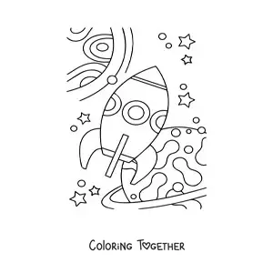 Coloring page of several planets and a space rocket
