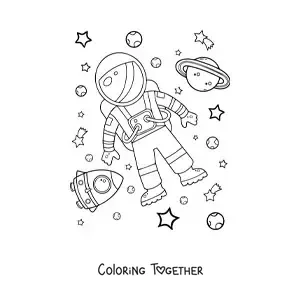 Coloring page of an astronaut in space with planets and stars