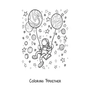 Coloring page of an astronaut floating in space with planet balloons