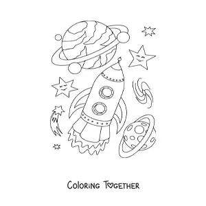 Coloring page of a rocket and several planets