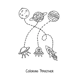 Coloring page of three planets and three spaceships
