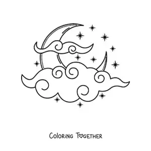 Coloring page of the Moon surrounded by clouds