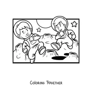 Coloring page of two astronauts on the Moon