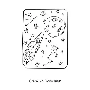 Coloring page of a space journey to the Moon
