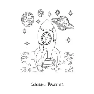 Coloring page of a rocket on the Moon