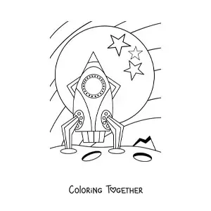 Coloring page of a rocket on the Moon with stars