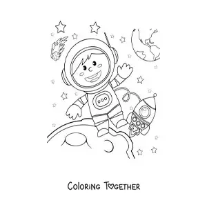 Coloring page of an astronaut floating in space with the Moon and several stars