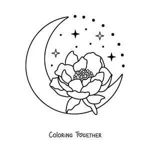 Coloring page of a pretty Moon with a flower