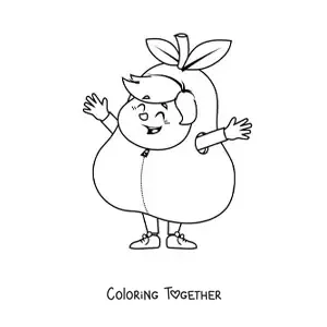 Coloring page of a smiling child dressed up as a pear