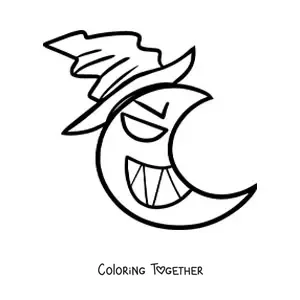 Coloring page of a cartoon Moon with a witch hat
