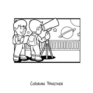 Coloring page of two children with a telescope