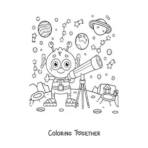 Coloring page of an alien with a telescope