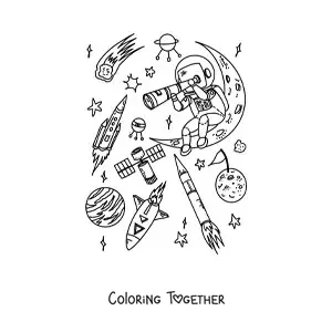 Coloring page of an astronaut with a telescope in space