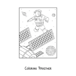 Coloring page of an astronaut and a satellite in space