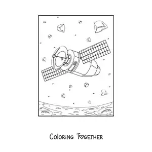 Coloring page of a satellite among asteroids