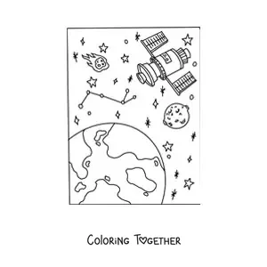 Coloring page of a satellite next to several stars
