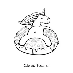 Coloring page of an animated unicorn sitting on a donut