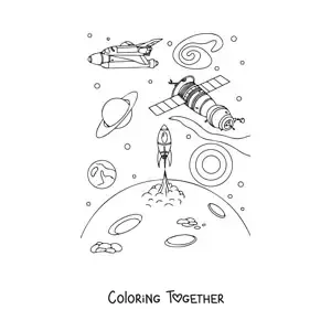 Coloring page of a satellite next to spaceships