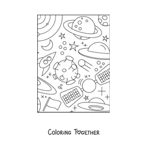 Coloring page of an artificial satellite and several celestial bodies