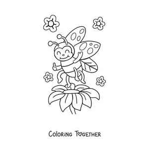 Coloring page of a happy ladybug next to several flowers