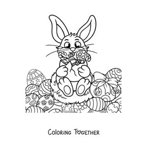 Coloring page of a rabbit with several Easter eggs