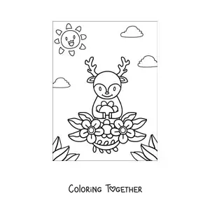 Coloring page of a kawaii deer in spring