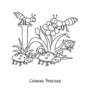 Coloring page of several insects and spring flowers