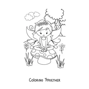 Coloring page of a fairy in a spring field