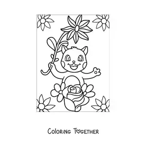 Coloring page of a cartoon cat with spring flowers