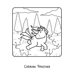 Coloring page of a cartoon unicorn in the forest