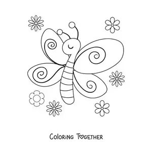 Coloring page of a butterfly with spring flowers