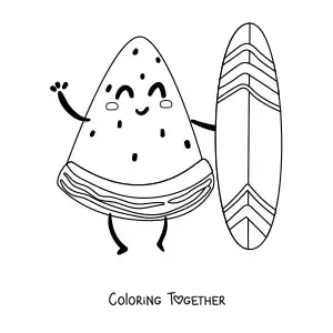 Coloring page of an animated surfer watermelon waving