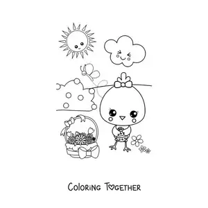 Coloring page of a kawaii chick in spring