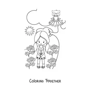 Coloring page of a girl in a spring field