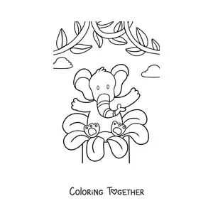 Coloring page of a cartoon elephant with a spring flower