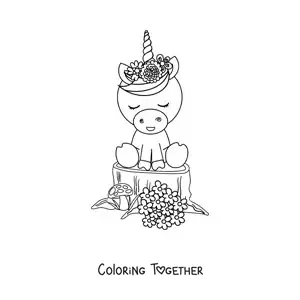 Coloring page of a kawaii unicorn with spring flowers