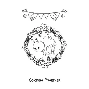 Coloring page of a kawaii bee with a ring of spring flowers