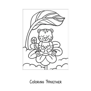Coloring page of a cartoon tiger on a spring flower
