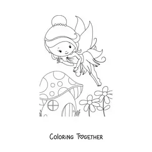 Coloring page of a kawaii fairy flying near a house with flowers