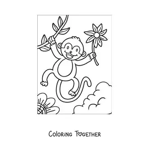 Coloring page of a cartoon monkey with flowers in spring