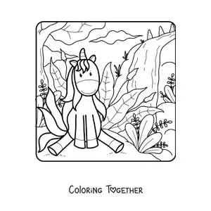 Coloring page of a cartoon unicorn sitting in a field with spring weather