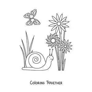 Coloring page of a snail and several flowers in spring