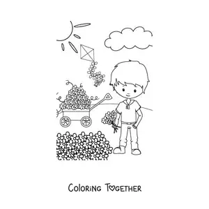 Coloring page of a boy in spring next to a patch of flowers