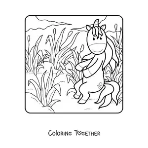 Coloring page of a unicorn in the field in spring