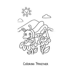 Coloring page of a cartoon cricket posing between two flowers in spring weather