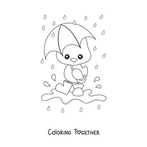 Coloring page of a kawaii chick under the spring rain