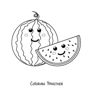 Coloring page of a smiling kawaii watermelon next to half a kawaii watermelon