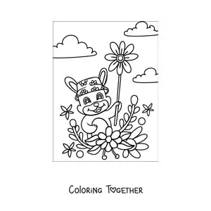 Coloring page of a cartoon rabbit holding several flowers