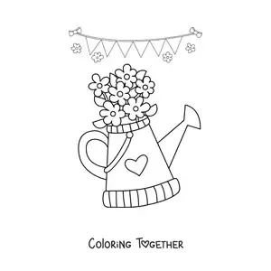 Coloring page of a garden watering can with spring flowers