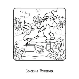 Coloring page of a cartoon unicorn at a summer picnic